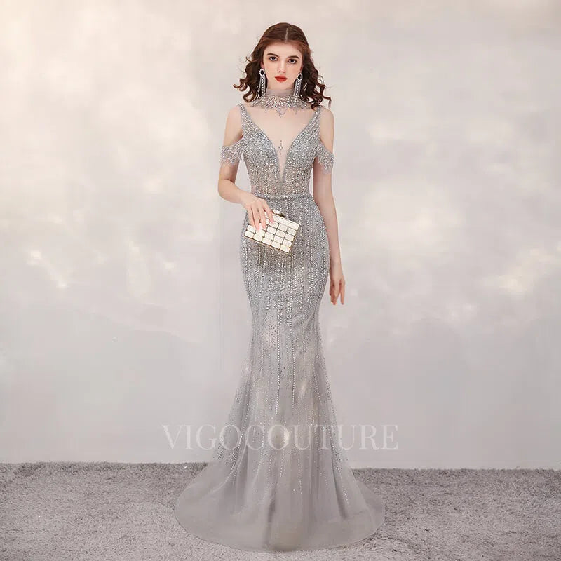 Prom Dress 2025 Mermaid High Neck Prom Dresses Beaded Evening Dresses 20079-unique elegant Prom Dresses-Silver-US2-vigocouture