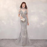 Prom Dress 2025 Mermaid High Neck Prom Dresses Beaded Evening Dresses 20079-unique elegant Prom Dresses-Silver-US2-vigocouture