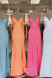 Prom Dress 2025 Mermaid Sequin Prom Dresses with Slit Spaghetti Strap Evening Dress 21930-unique elegant Prom Dresses-Orange-US0-vigocouture