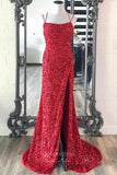 Prom Dress 2025 Mermaid Sequin Prom Dresses with Slit Spaghetti Strap Evening Dress 21941-unique elegant Prom Dresses-Burgundy-US2-vigocouture