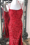 Prom Dress 2025 Mermaid Sequin Prom Dresses with Slit Spaghetti Strap Evening Dress 21941-unique elegant Prom Dresses-Fuchsia-US2-vigocouture