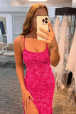 Prom Dress 2025 Mermaid Sequin Prom Dresses with Slit Spaghetti Strap Evening Dress 21941-unique elegant Prom Dresses-Fuchsia-US2-vigocouture