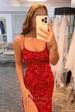 Prom Dress 2025 Mermaid Sequin Prom Dresses with Slit Spaghetti Strap Evening Dress 21941-unique elegant Prom Dresses-Fuchsia-US2-vigocouture