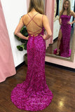 Prom Dress 2025 Mermaid Sequin Prom Dresses with Slit Spaghetti Strap Evening Dress 21941-unique elegant Prom Dresses-Fuchsia-US2-vigocouture