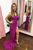 Prom Dress 2025 Mermaid Sequin Prom Dresses with Slit Spaghetti Strap Evening Dress 21941-unique elegant Prom Dresses-Fuchsia-US2-vigocouture