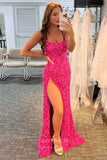 Mermaid Sequin Prom Dresses with Slit Spaghetti Strap Evening Dress 21941