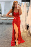 Prom Dress 2025 Mermaid Sequin Prom Dresses with Slit Spaghetti Strap Evening Dress 21941-unique elegant Prom Dresses-Red-US2-vigocouture