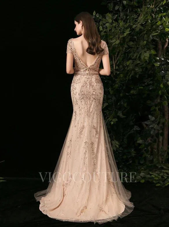 Prom Dress 2025 Mermaid V-neck Prom Dresses Beaded Short Sleeve Evening Dresses 20092-unique elegant Prom Dresses-Gold-US2-vigocouture