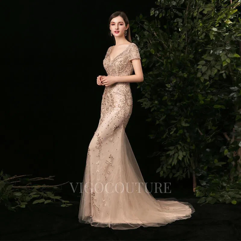 Prom Dress 2025 Mermaid V-neck Prom Dresses Beaded Short Sleeve Evening Dresses 20092-unique elegant Prom Dresses-Gold-US2-vigocouture