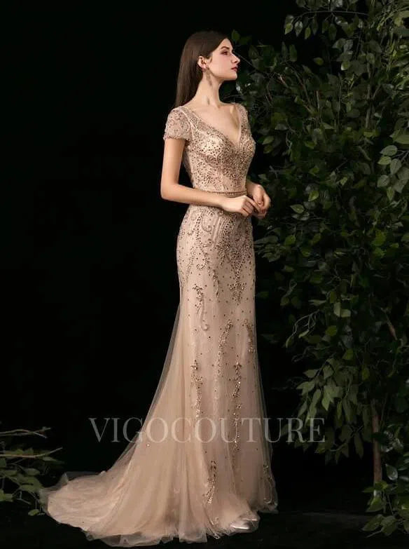 Prom Dress 2025 Mermaid V-neck Prom Dresses Beaded Short Sleeve Evening Dresses 20092-unique elegant Prom Dresses-Gold-US2-vigocouture