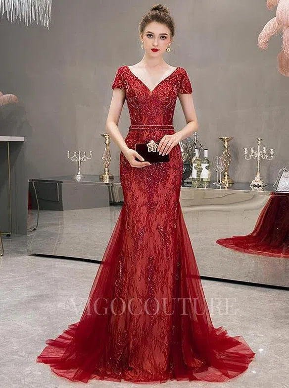 Prom Dress 2025 Mermaid V-neck Prom Dresses Beaded Short Sleeve Evening Dresses 20092-unique elegant Prom Dresses-Red-US2-vigocouture