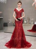 Prom Dress 2025 Mermaid V-neck Prom Dresses Beaded Short Sleeve Evening Dresses 20092-unique elegant Prom Dresses-Red-US2-vigocouture