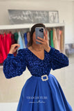 Prom Dress 2025 Midi Length Formal Dresses Sequin Long Sleeve Prom Dresses 21601-unique elegant Prom Dresses-Blue-US2-vigocouture