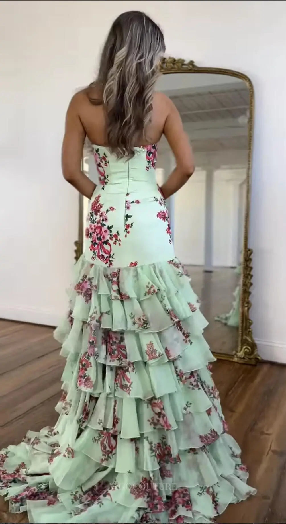 Mint Green Floral Mermaid Prom Dress with Tiered Ruffle Skirt FP014 vigocouture Mint Green Floral Mermaid Prom Dress with Tiered Ruffle Skirt FP014 vigocouture