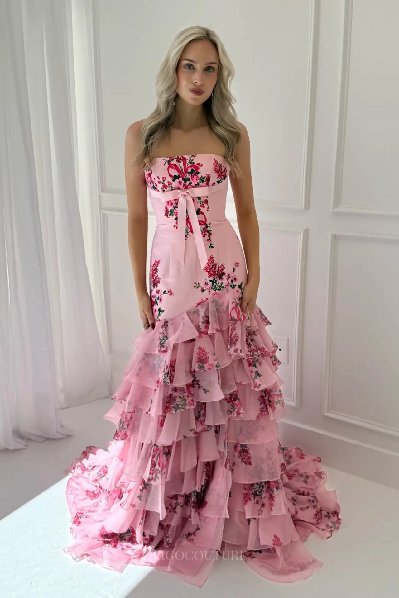 Mint Green Floral Mermaid Prom Dress with Tiered Ruffle Skirt & Bow Sash – FP014