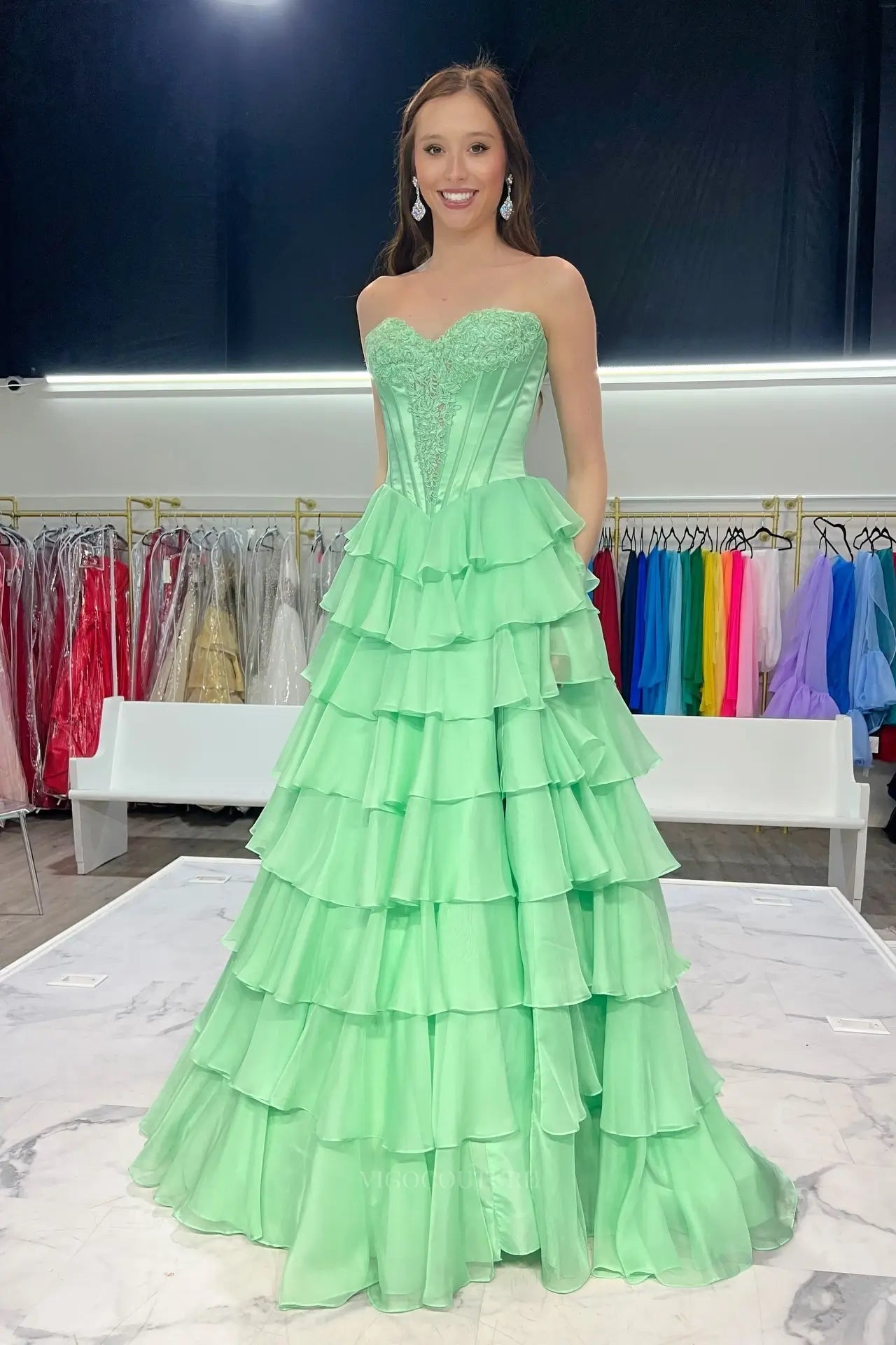 Prom Dresses 2025 to impress Mint Green Tiered Ruffle Prom Dress with Lace Sweetheart Corset Bodice and High Slit – 26158-vigocouture-vigocouture
