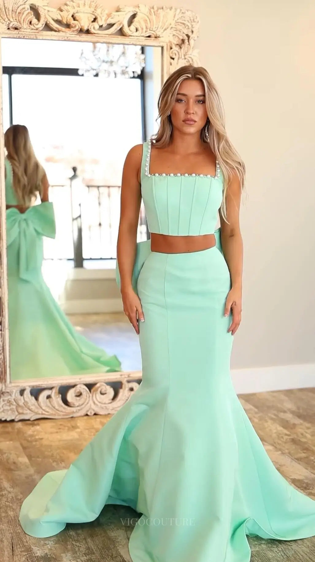 Mint Green Two Piece Mermaid Prom Dress with Pearl Trim – YS009 – vigocouture