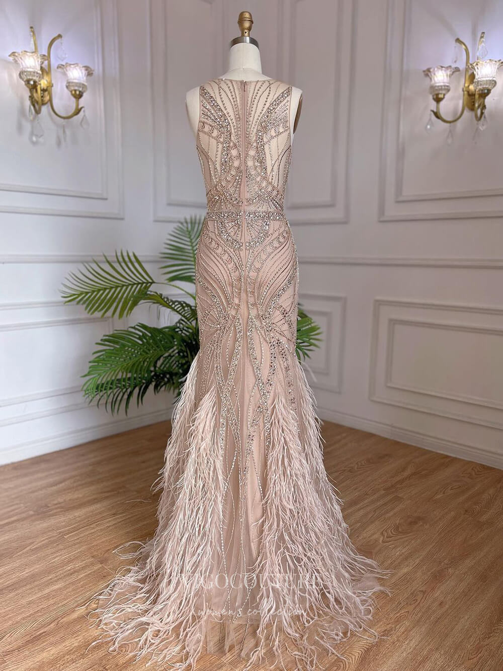 Prom Dress 2025 Mocha Beaded Feather Prom Dresses with Slit Mermaid V-Neck Evening Dress 22113-unique elegant Prom Dresses-Mocha-US2-vigocouture