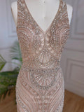 Prom Dress 2025 Mocha Beaded Feather Prom Dresses with Slit Mermaid V-Neck Evening Dress 22113-unique elegant Prom Dresses-Mocha-US2-vigocouture