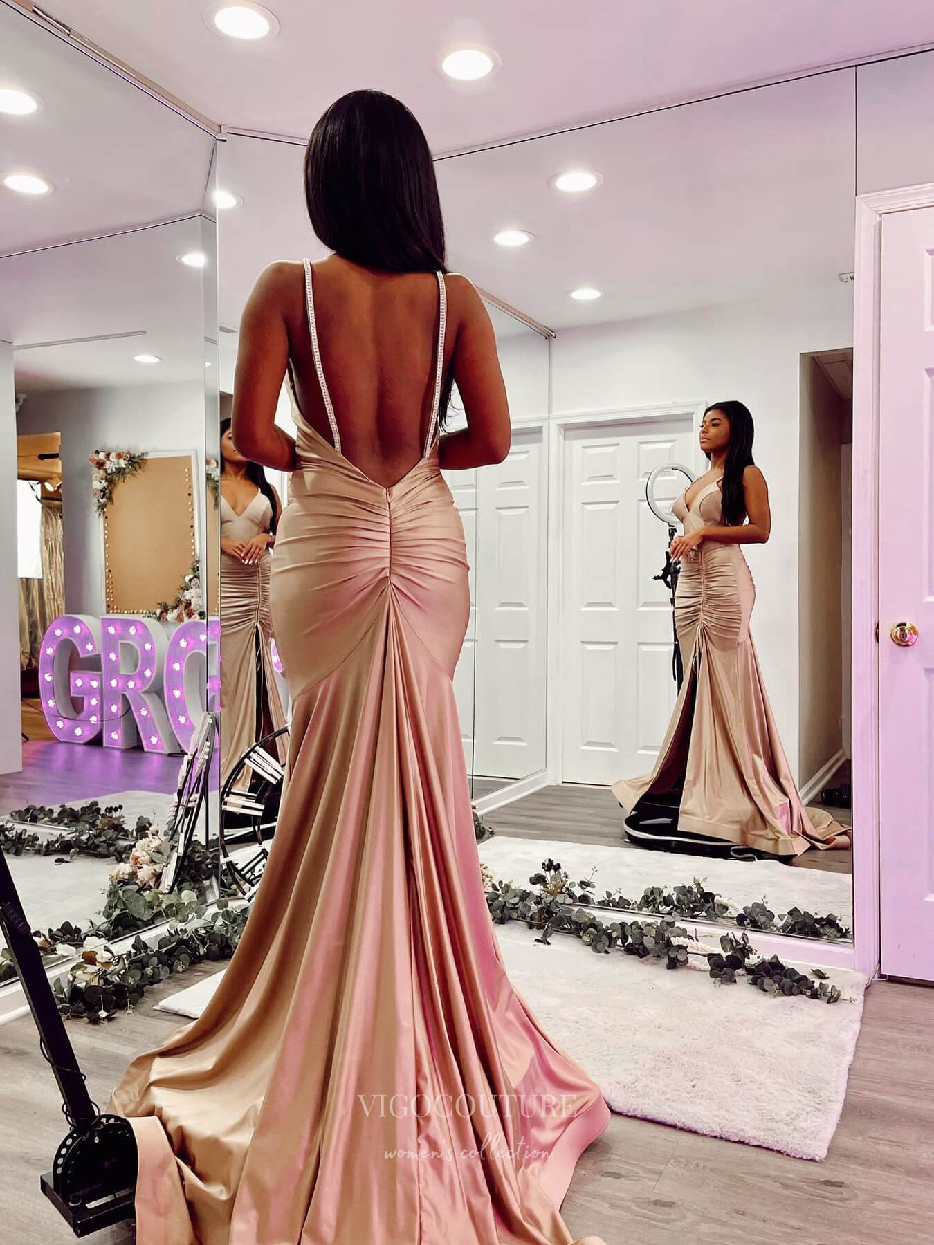 Prom Dress 2025 Mocha Mermaid Pleated Bodice Satin Prom Dresses with Slit Spaghetti Strap 24080-unique elegant Prom Dresses-Mocha-Custom Size-vigocouture