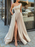 Mocha One Shoulder Prom Dresses With Slit Satin A-Line Evening Dress 21810