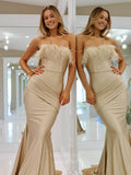 Mocha Pleated Satin Strapless Prom Dresses Feather Mermaid Evening Dress 24100