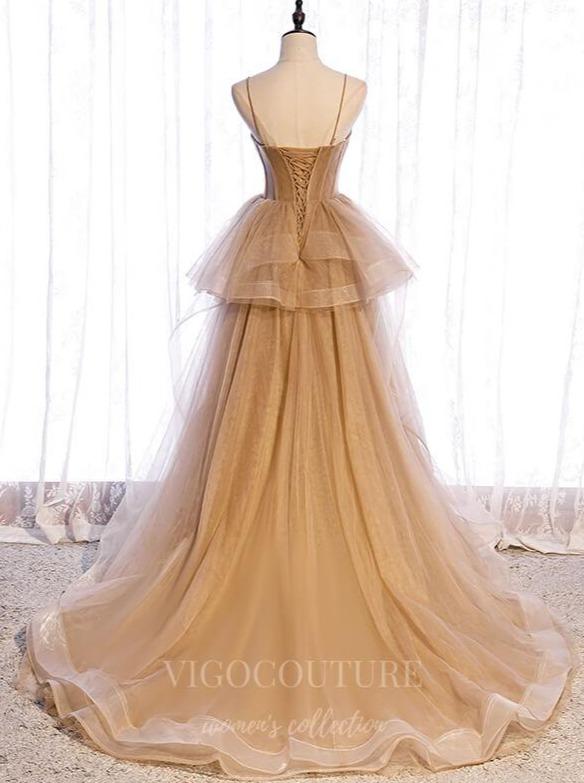 Mocha Tiered Prom Dress 2022 Spaghetti Strap Formal Dress 20513 vigocouture Mocha Tiered Prom Dress 2022 Spaghetti Strap Formal Dress 20513 vigocouture