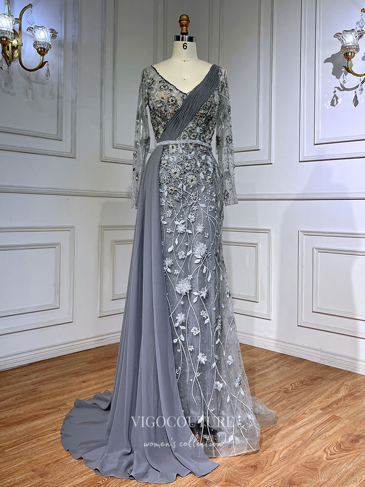 Modest Long Sleeve Prom Dresses with Chiffon Train Beaded Lace Formal Dress 22096 Grey / US16 Modest Long Sleeve Prom Dresses with Chiffon Train Beaded Lace Formal Dress 22096 Grey / US16