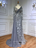 Prom Dress 2025 Modest Long Sleeve Prom Dresses with Chiffon Train Beaded Lace Formal Dress 22096-unique elegant Prom Dresses-Grey-US2-vigocouture