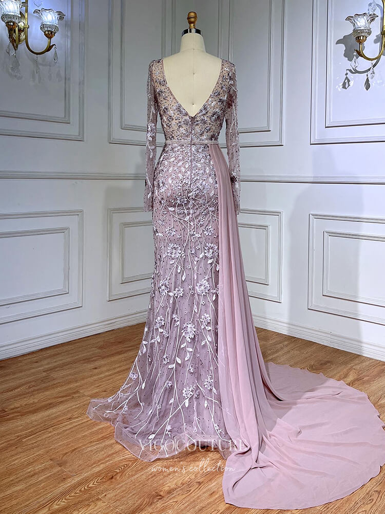 Prom Dress 2025 Modest Long Sleeve Prom Dresses with Chiffon Train Beaded Lace Formal Dress 22096-unique elegant Prom Dresses-Pink-US2-vigocouture