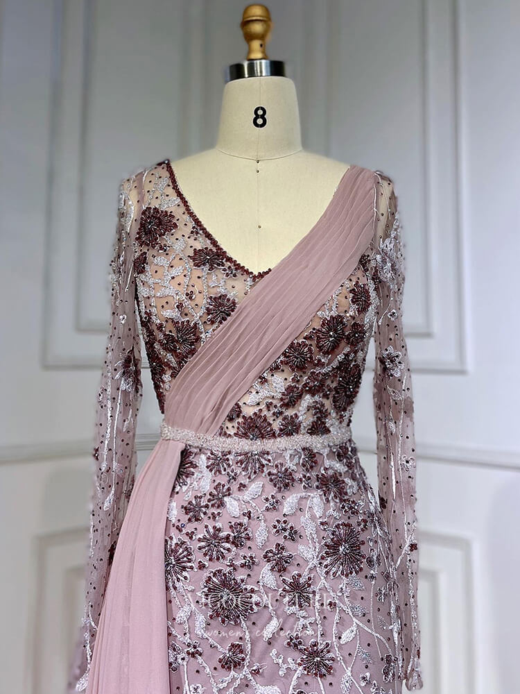 Modest Long Sleeve Prom Dresses with Chiffon Train Beaded Lace Formal Dress 22096 Grey / US16 Modest Long Sleeve Prom Dresses with Chiffon Train Beaded Lace Formal Dress 22096 Grey / US16