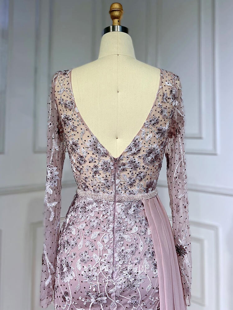 Prom Dress 2025 Modest Long Sleeve Prom Dresses with Chiffon Train Beaded Lace Formal Dress 22096-unique elegant Prom Dresses-Pink-US2-vigocouture