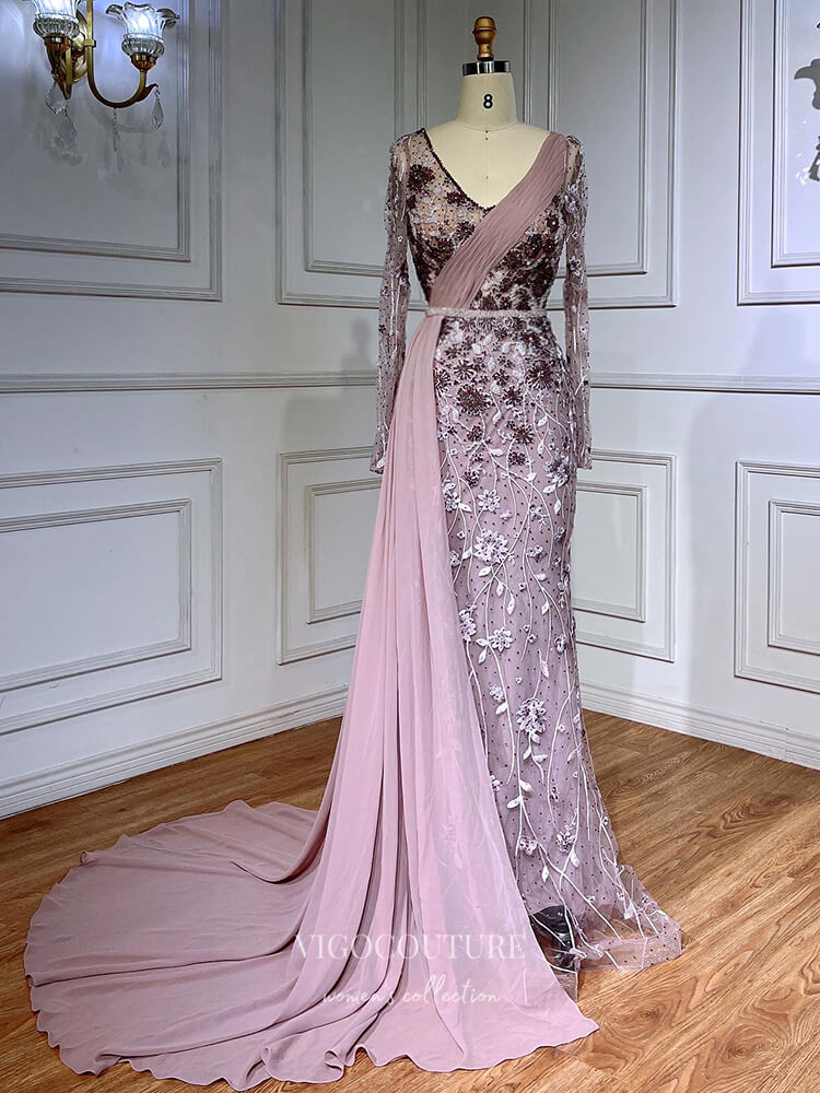 Prom Dress 2025 Modest Long Sleeve Prom Dresses with Chiffon Train Beaded Lace Formal Dress 22096-unique elegant Prom Dresses-Pink-US2-vigocouture