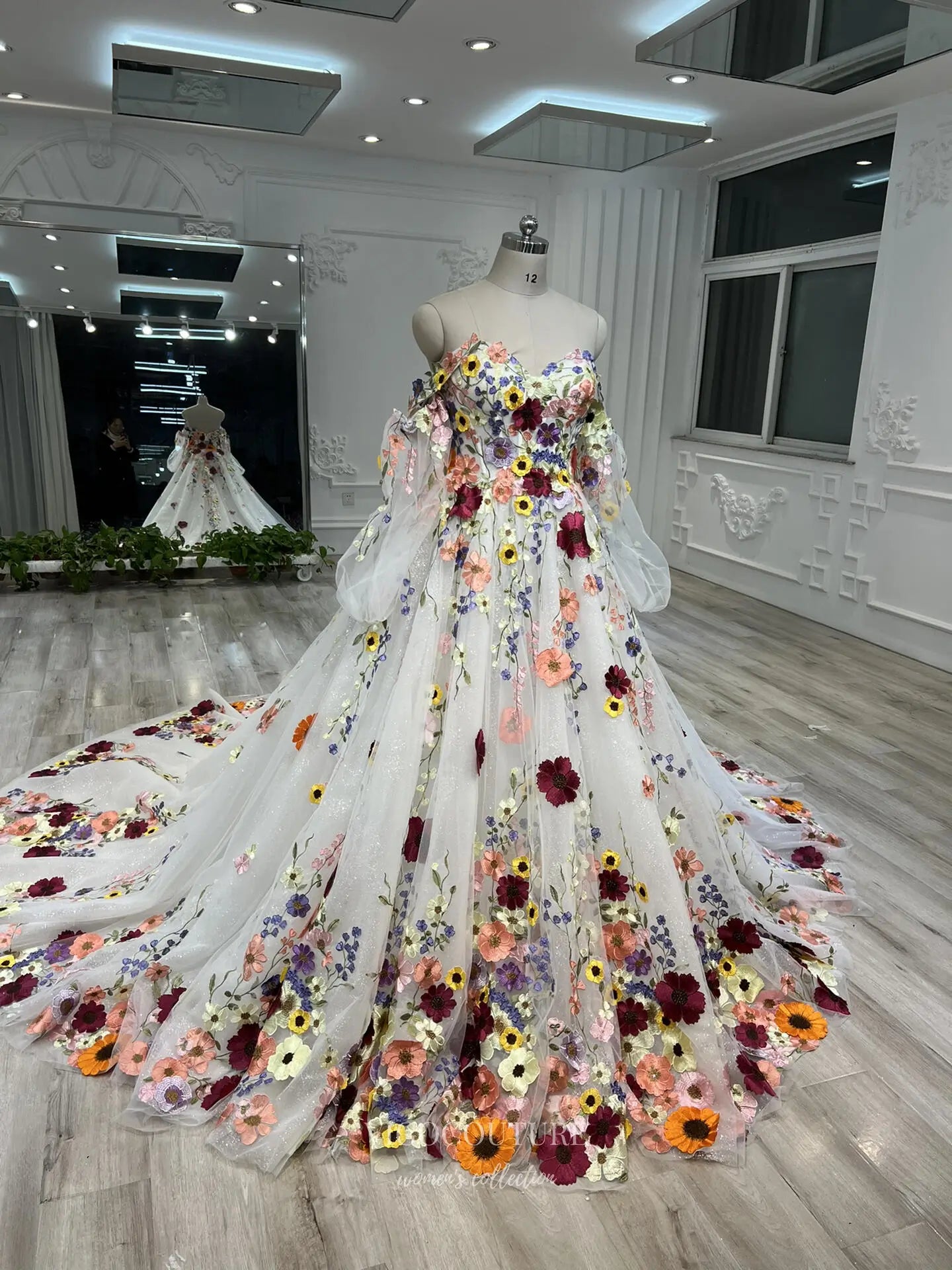 Prom Dresses 2025 to impress Multicolor Floral Embroidered Ball Gown with Sparkle Tulle and Removable Sleeves – F004-vigocouture-vigocouture