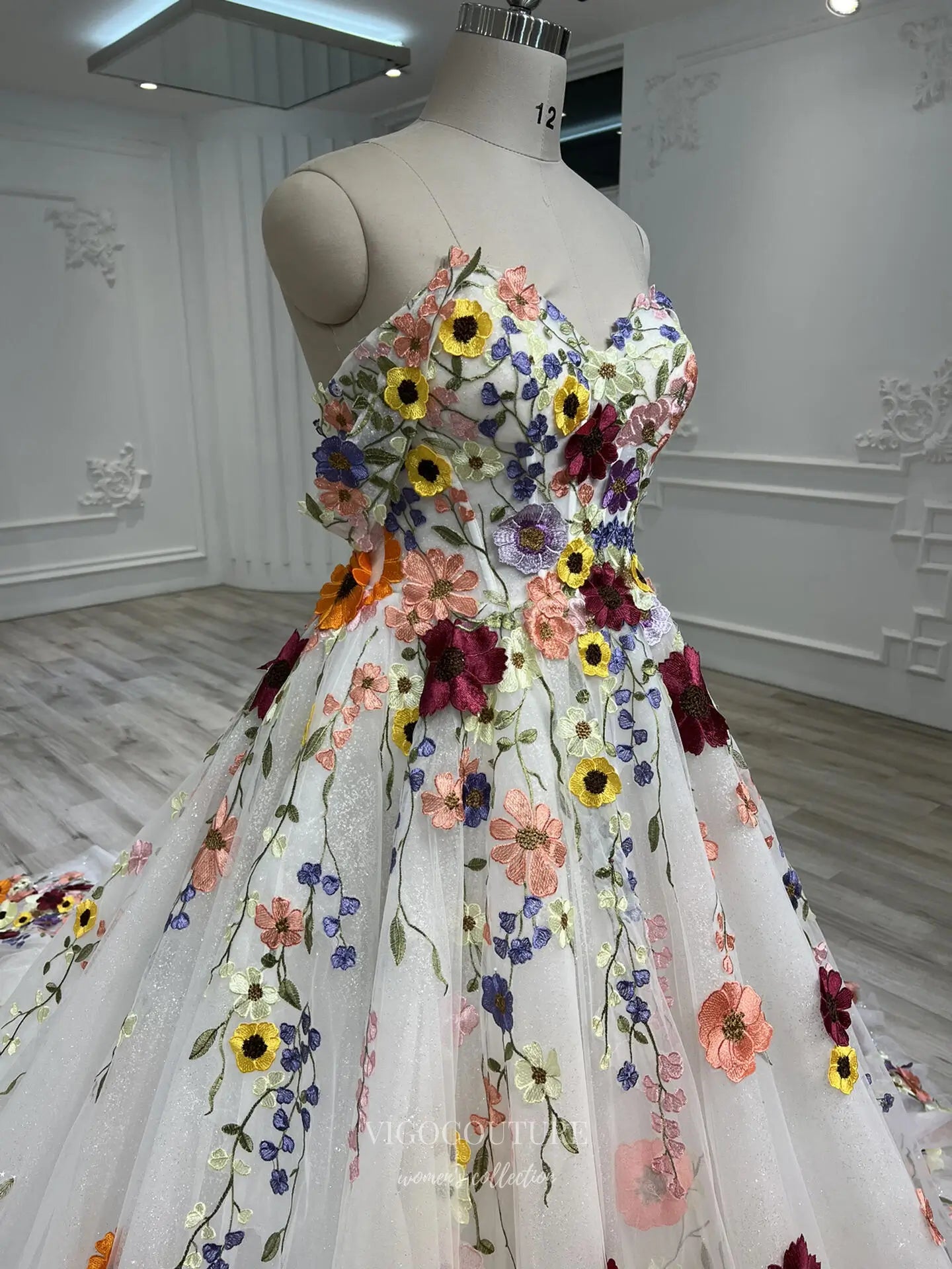 Prom Dresses 2025 to impress Multicolor Floral Embroidered Ball Gown with Sparkle Tulle and Removable Sleeves – F004-vigocouture-vigocouture