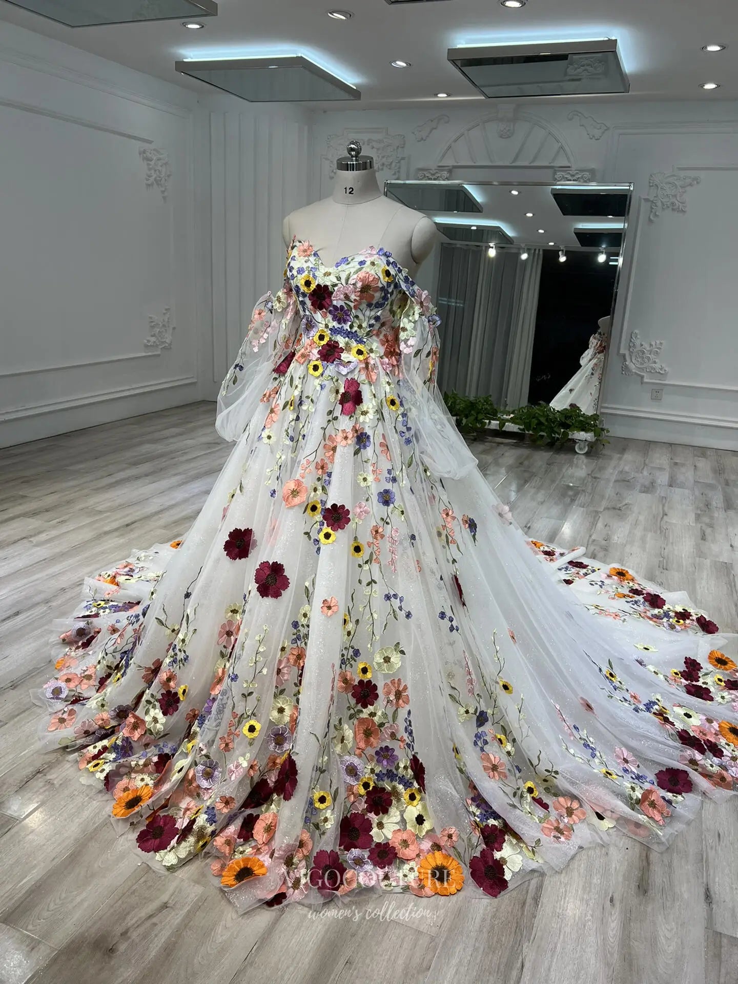 Prom Dresses 2025 to impress Multicolor Floral Embroidered Ball Gown with Sparkle Tulle and Removable Sleeves – F004-vigocouture-vigocouture