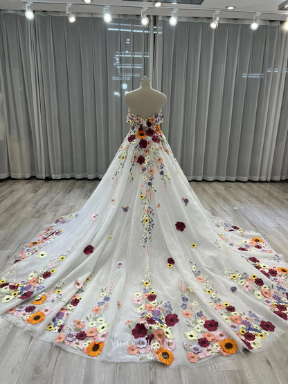 Prom Dresses 2025 to impress Multicolor Floral Embroidered Ball Gown with Sparkle Tulle and Removable Sleeves – F004-vigocouture-vigocouture