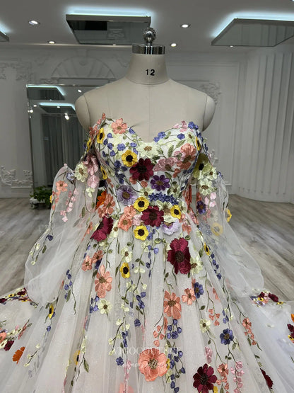 Prom Dresses 2025 to impress Multicolor Floral Embroidered Ball Gown with Sparkle Tulle and Removable Sleeves – F004-vigocouture-vigocouture