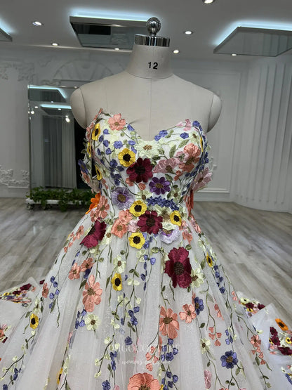 Prom Dresses 2025 to impress Multicolor Floral Embroidered Ball Gown with Sparkle Tulle and Removable Sleeves – F004-vigocouture-vigocouture