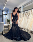 Prom Dress 2025 Navy Blue Beaded Lace Applique Prom Dresses Mermaid V-Neck Evening Dress 24038-unique elegant Prom Dresses-Navy Blue-Custom Size-vigocouture