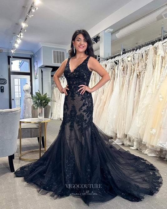 Prom Dress 2025 Navy Blue Beaded Lace Applique Prom Dresses Mermaid V-Neck Evening Dress 24038-unique elegant Prom Dresses-Navy Blue-Custom Size-vigocouture