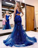 Prom Dress 2025 Navy Blue Beaded Lace Mermaid Prom Dresses 2024 Spaghetti Strap 24232-unique elegant Prom Dresses-Navy Blue-Custom Size-vigocouture