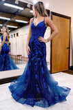 Prom Dress 2025 Navy Blue Beaded Lace Mermaid Prom Dresses 2024 Spaghetti Strap 24232-unique elegant Prom Dresses-Navy Blue-Custom Size-vigocouture