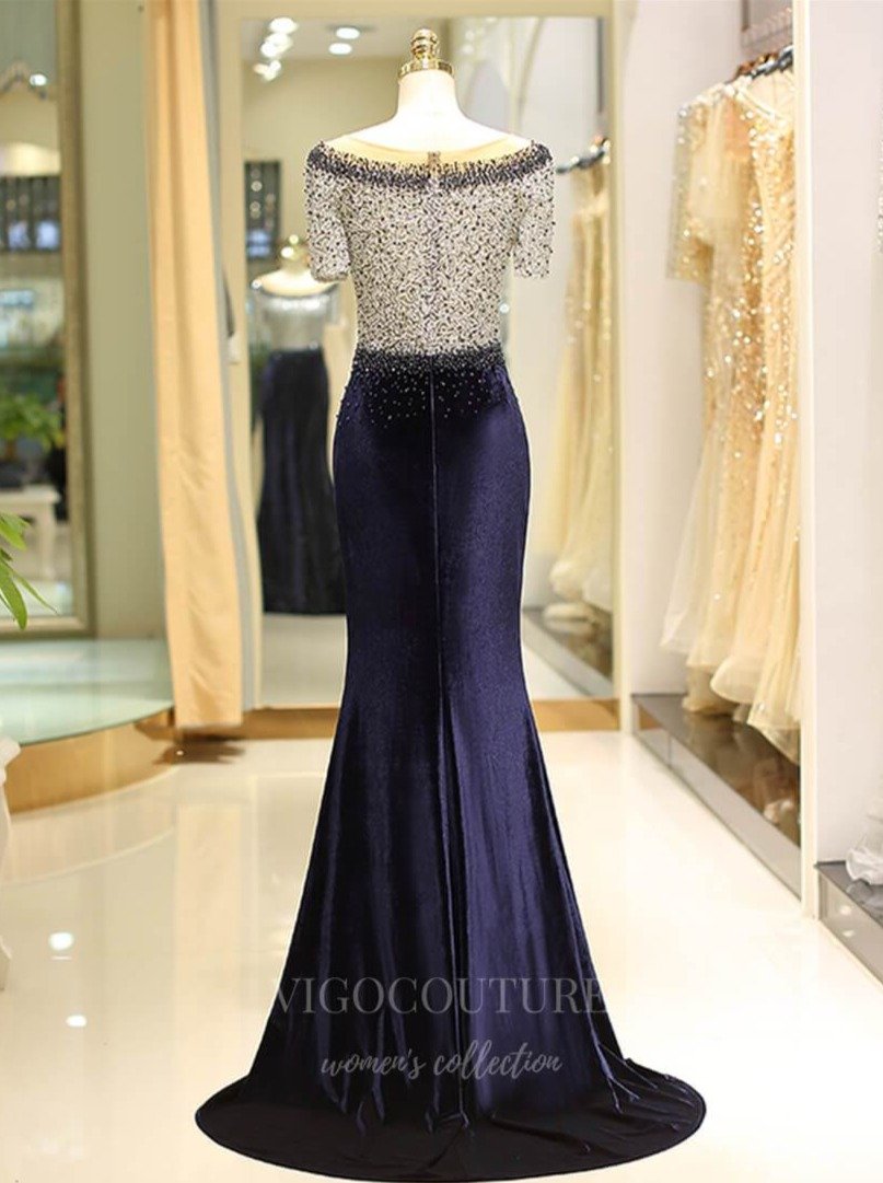 Prom Dress 2025 Navy Blue Beaded Mermaid Prom Dress 20290-unique elegant Prom Dresses-Navy Blue-US2-vigocouture