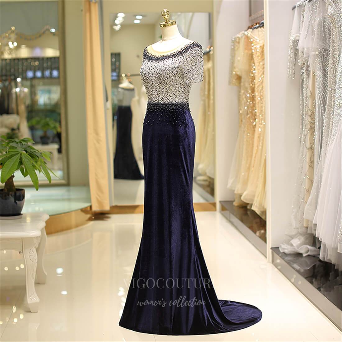 Prom Dress 2025 Navy Blue Beaded Mermaid Prom Dress 20290-unique elegant Prom Dresses-Navy Blue-US2-vigocouture