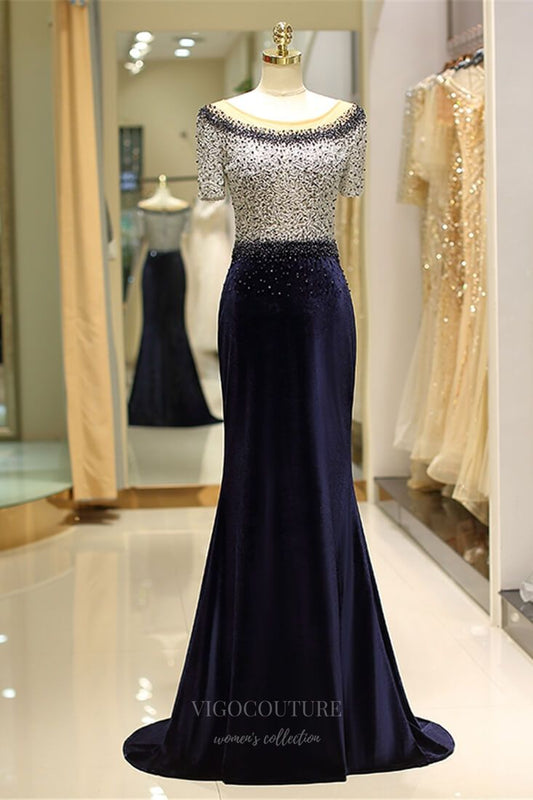 Prom Dress 2025 Navy Blue Beaded Mermaid Prom Dress 20290-unique elegant Prom Dresses-Navy Blue-US2-vigocouture