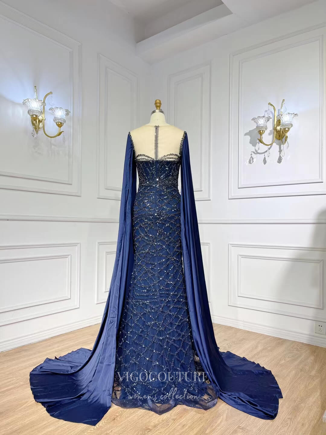 Prom Dress 2025 Navy Blue Beaded Prom Dresses Extra Long Cape Sleeve Mother of the Bride Dress 22118-unique elegant Prom Dresses-Navy Blue-US2-vigocouture