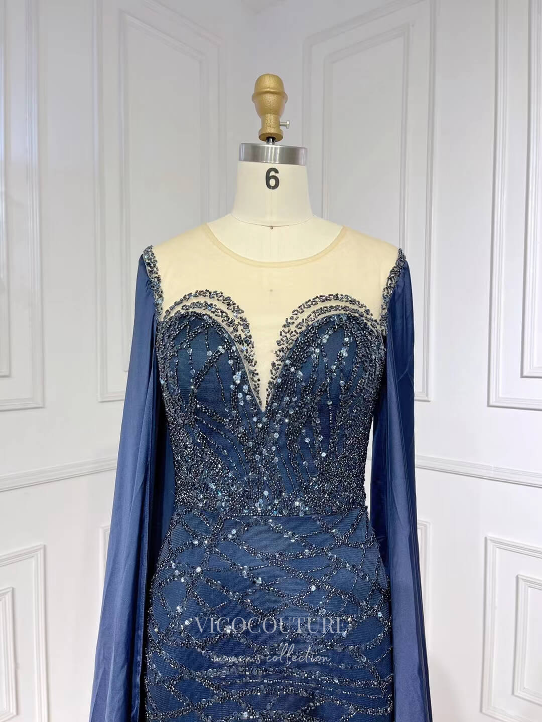 Navy Blue Beaded Prom Dresses Extra Long Cape Sleeve Mother of the Bride Dress 22118 Navy Blue / US14 Navy Blue Beaded Prom Dresses Extra Long Cape Sleeve Mother of the Bride Dress 22118 Navy Blue / US14