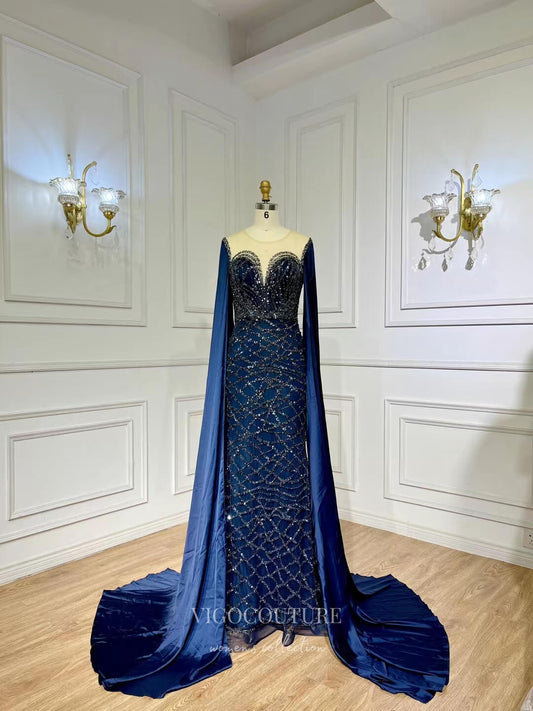 Prom Dress 2025 Navy Blue Beaded Prom Dresses Extra Long Cape Sleeve Mother of the Bride Dress 22118-unique elegant Prom Dresses-Navy Blue-US2-vigocouture