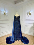 Navy Blue Beaded Prom Dresses Extra Long Cape Sleeve Mother of the Bride Dress 22118